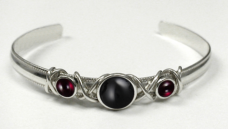 Sterling Silver Hand Made Cuff Bracelet With Black Onyx And Garnet